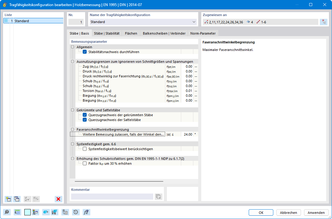 Dialog 'Tragfähigkeitskonfiguration bearbeiten' für Holzbemessung nach EN 1995