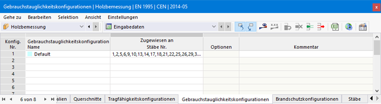 Eingabetabelle für Gebrauchstauglichkeitskonfigurationen der Holzbemessung