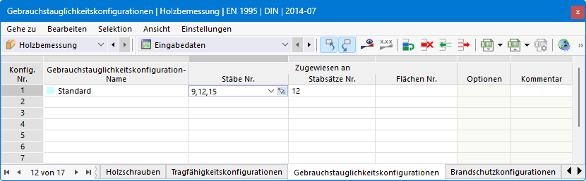 Eingabetabelle für Gebrauchstauglichkeitskonfigurationen der Holzbemessung