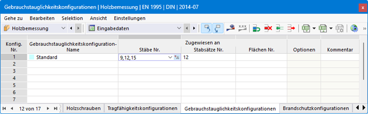 Eingabetabelle für Gebrauchstauglichkeitskonfigurationen der Holzbemessung