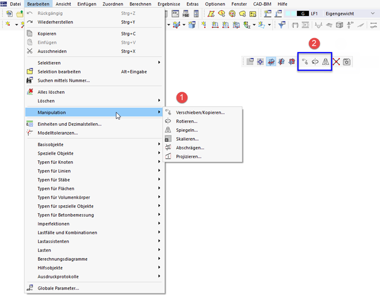Modellierungstools im Menü 'Bearbeiten' und Schaltflächen in Symbolleiste