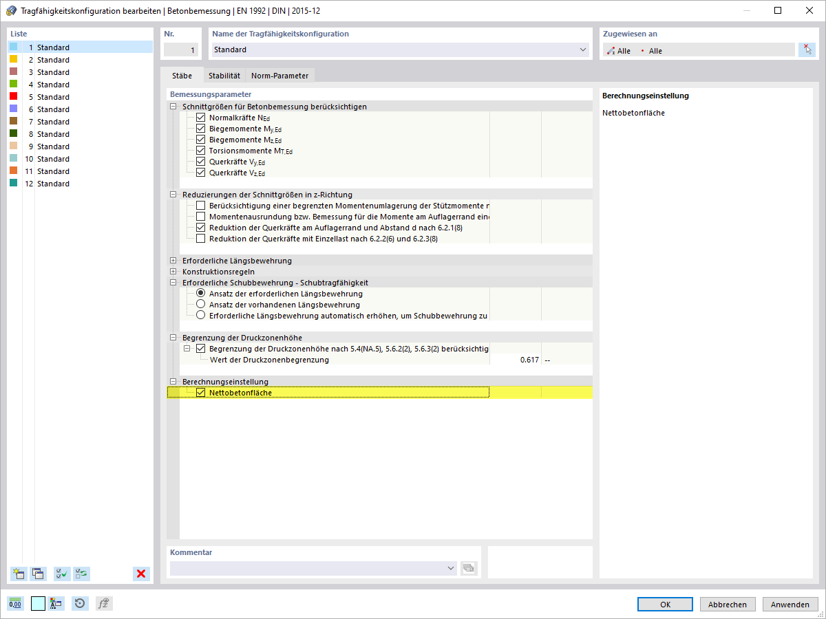 Stahlbetonbemessung mit der Option zur Nutzung des Nettobetonquerschnitts bei hochbewehrten Konstruktionen.