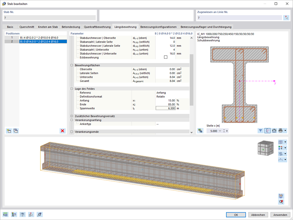 Grafische Darstellung der Vorgabe von Bügel- und Längsbewehrung für Betonstäbe, inklusive spezifischer Bewehrungseingaben in einem CAD-Tool.