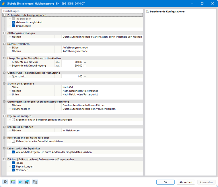 Dialog 'Globale Einstellungen' für Holzbemessung nach EN 1995