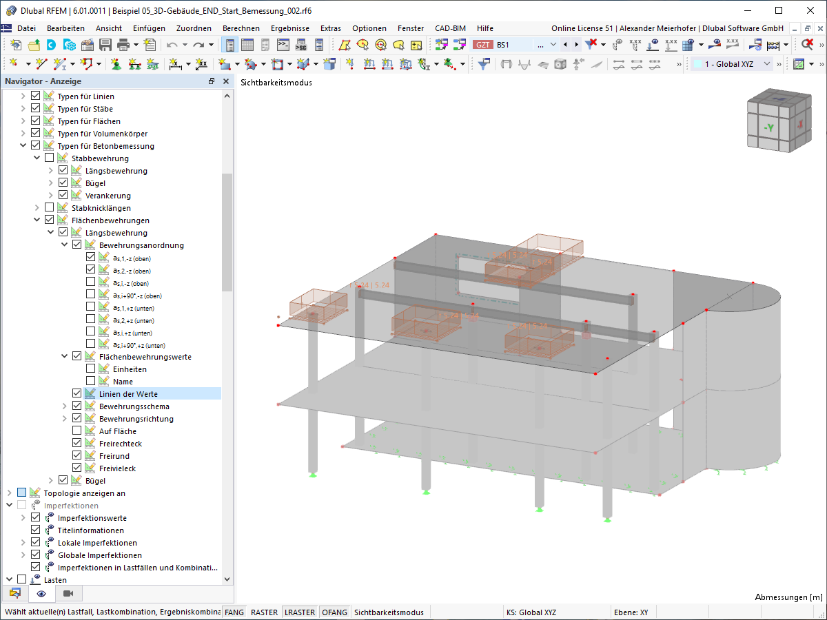 Darstellung der Flächenbewehrung mit spezifischen Mengen innerhalb der Betonbemessung.