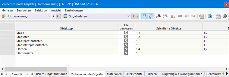 Eingabetabelle für zu bemessende Objekte in der Holzbemessung