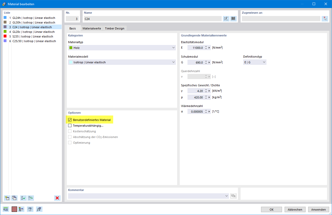 Dialog 'Material bearbeiten' | Benutzerdefiniertes Material