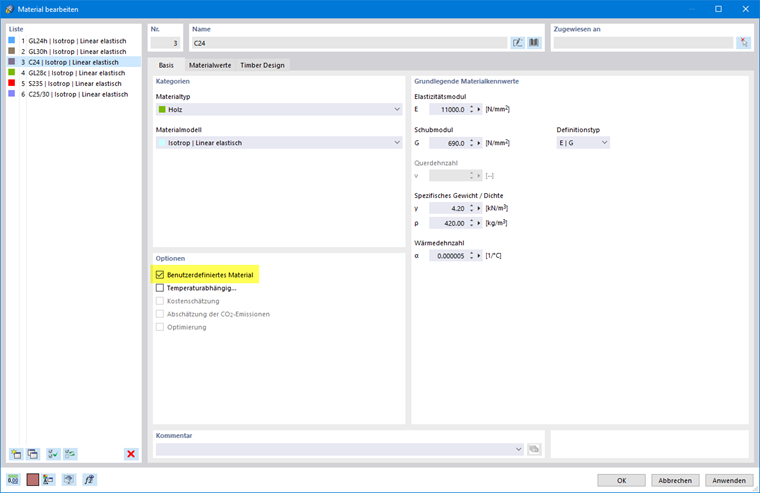 Dialog 'Material bearbeiten' | Benutzerdefiniertes Material