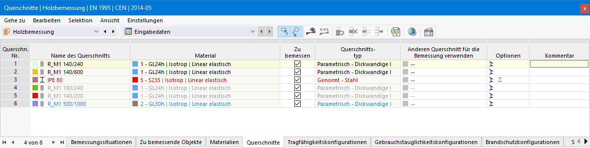 Eingabetabelle für Querschnitte in der Holzbemessung