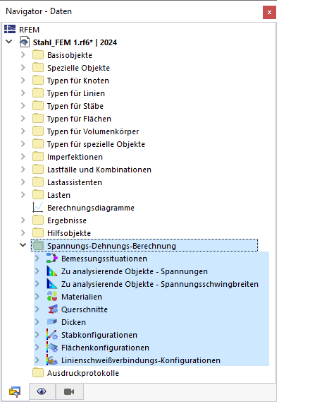 Kategorie 'Spannungs-Dehnungs-Berechnung' im Navigator - Daten