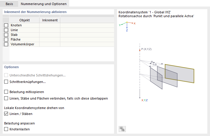 Drehung für Koordinatensysteme und Belastung festlegen