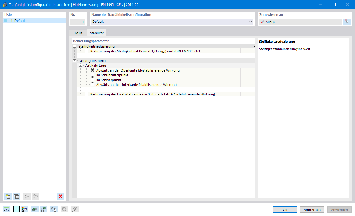 Dialog 'Tragfähigkeitskonfiguration bearbeiten', Register 'Stabilität'