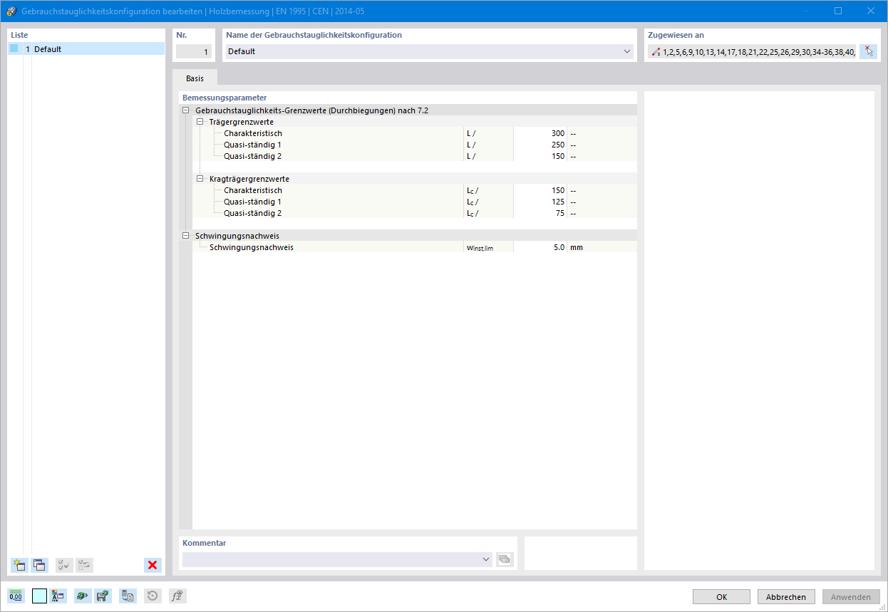 Darstellung des Dialogs zur Bearbeitung der Gebrauchstauglichkeitskonfiguration nach EN 1995 in der Software-Oberfläche.