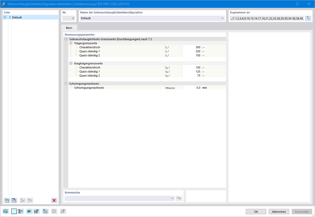 Darstellung des Dialogs zur Bearbeitung der Gebrauchstauglichkeitskonfiguration nach EN 1995 in der Software-Oberfläche.