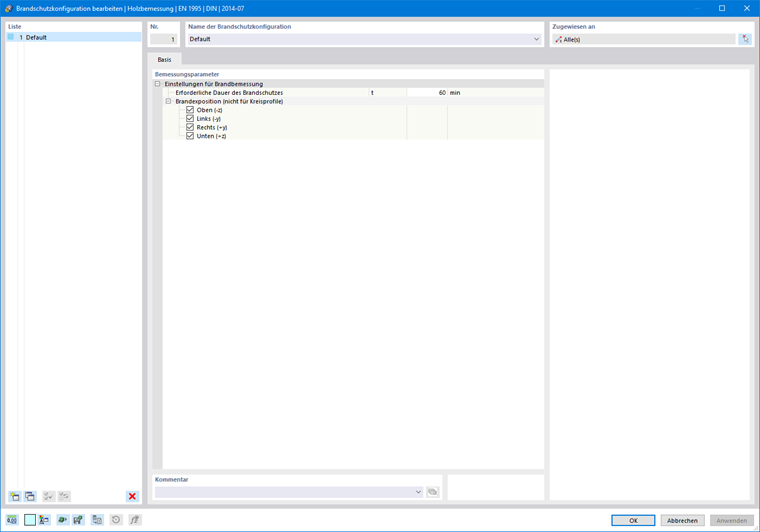 Dialog 'Brandschutzkonfiguration bearbeiten | EN 1995