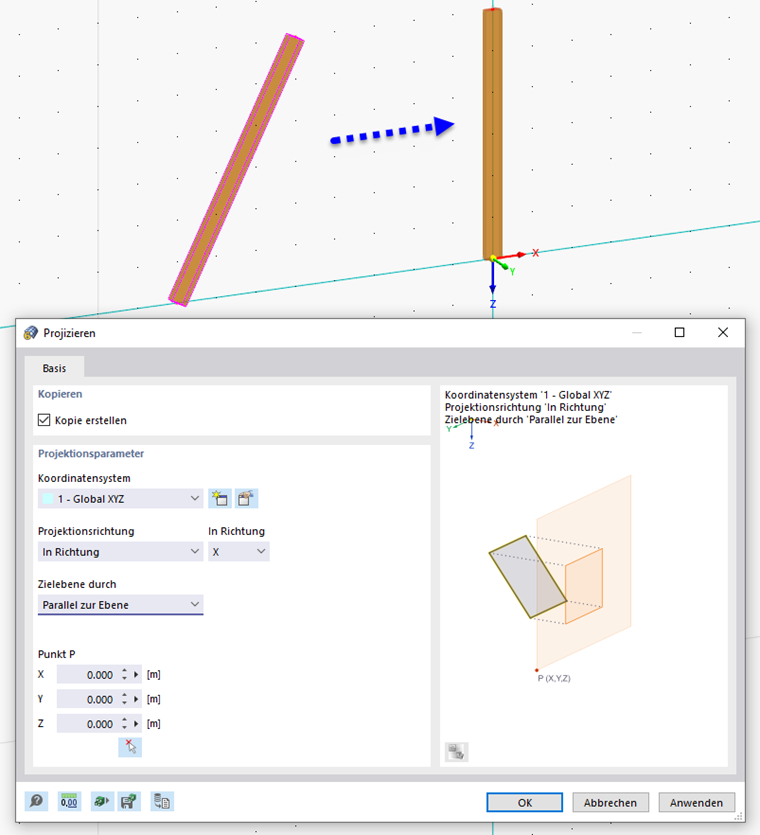 Stab in X-Richtung auf Ebene projizieren