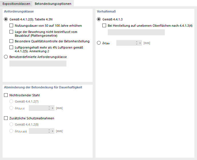 Betondeckungsoptionen für EN 1992 (CEN)