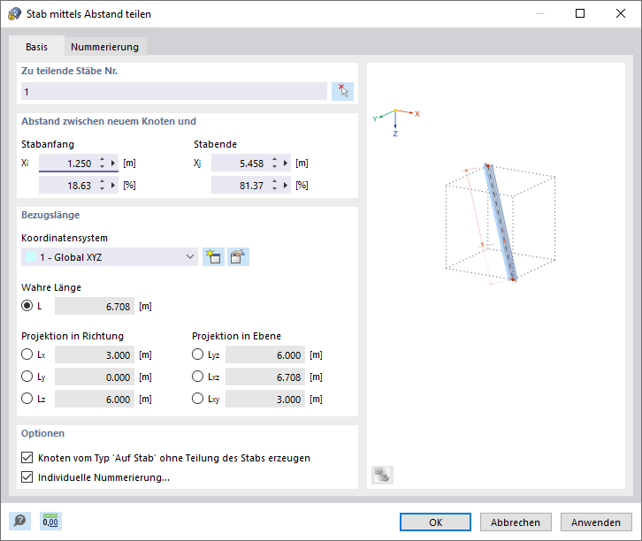 Stab im Abstand vom Stabanfang teilen