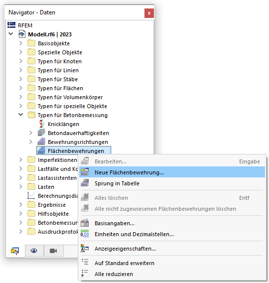 Flächenbewehrung über Navigator-Kontextmenü definieren
