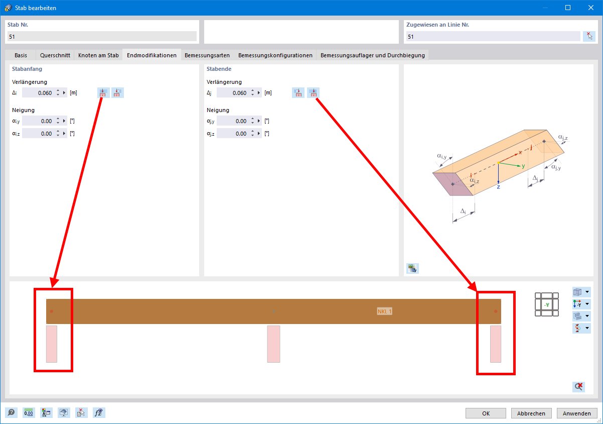 Stablänge über 'Endmodifikationen' grafisch anpassen