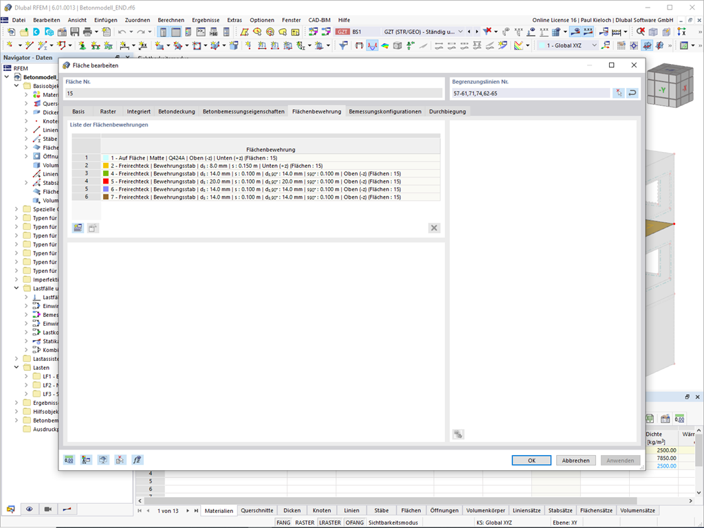 Vorgabe der Flächenbewehrung