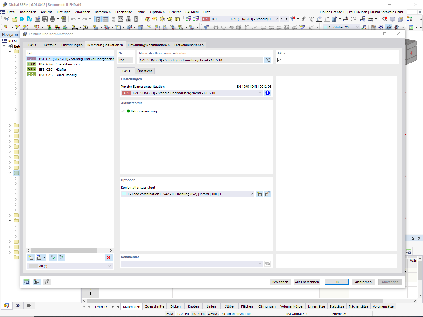 Bemessungssituation für Betonbemessung