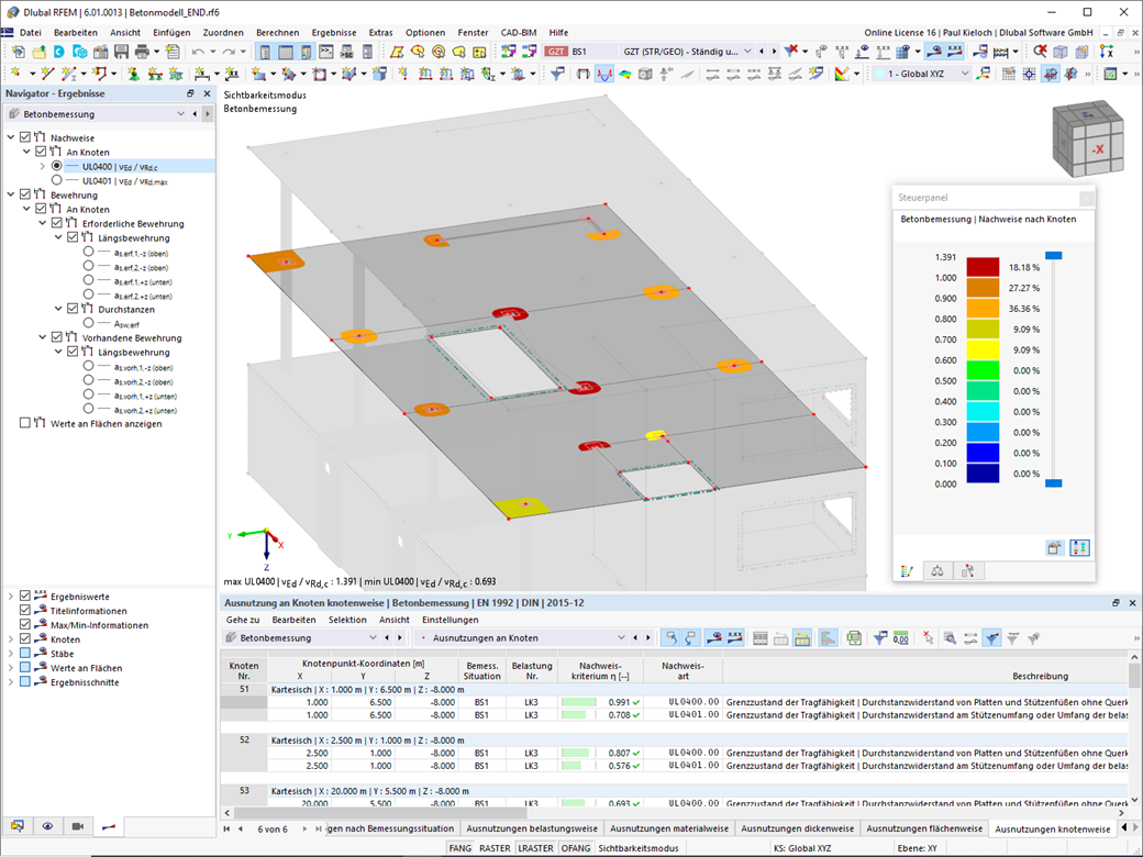 Betonbemessung im RFEM für die Durchstanznachweise mit v-Ed und v-Rd,c Ausnutzung.