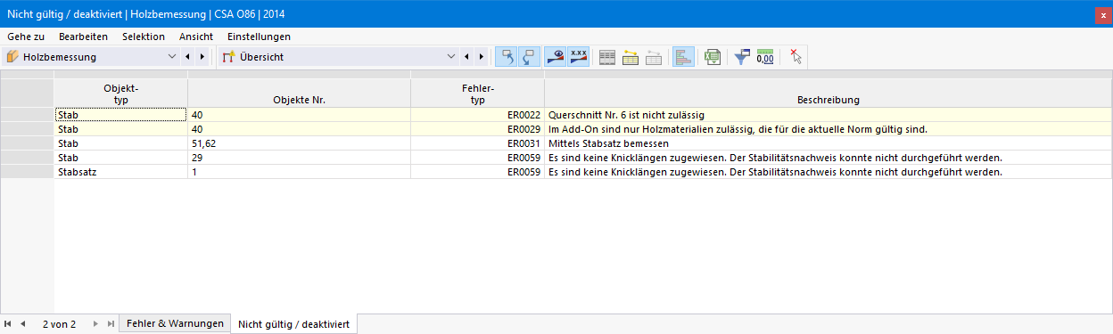 Ergebnistabelle Nicht gültig / deaktiviert in der Holzbemessung