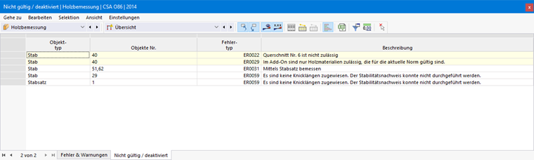 Ergebnistabelle Nicht gültig / deaktiviert in der Holzbemessung
