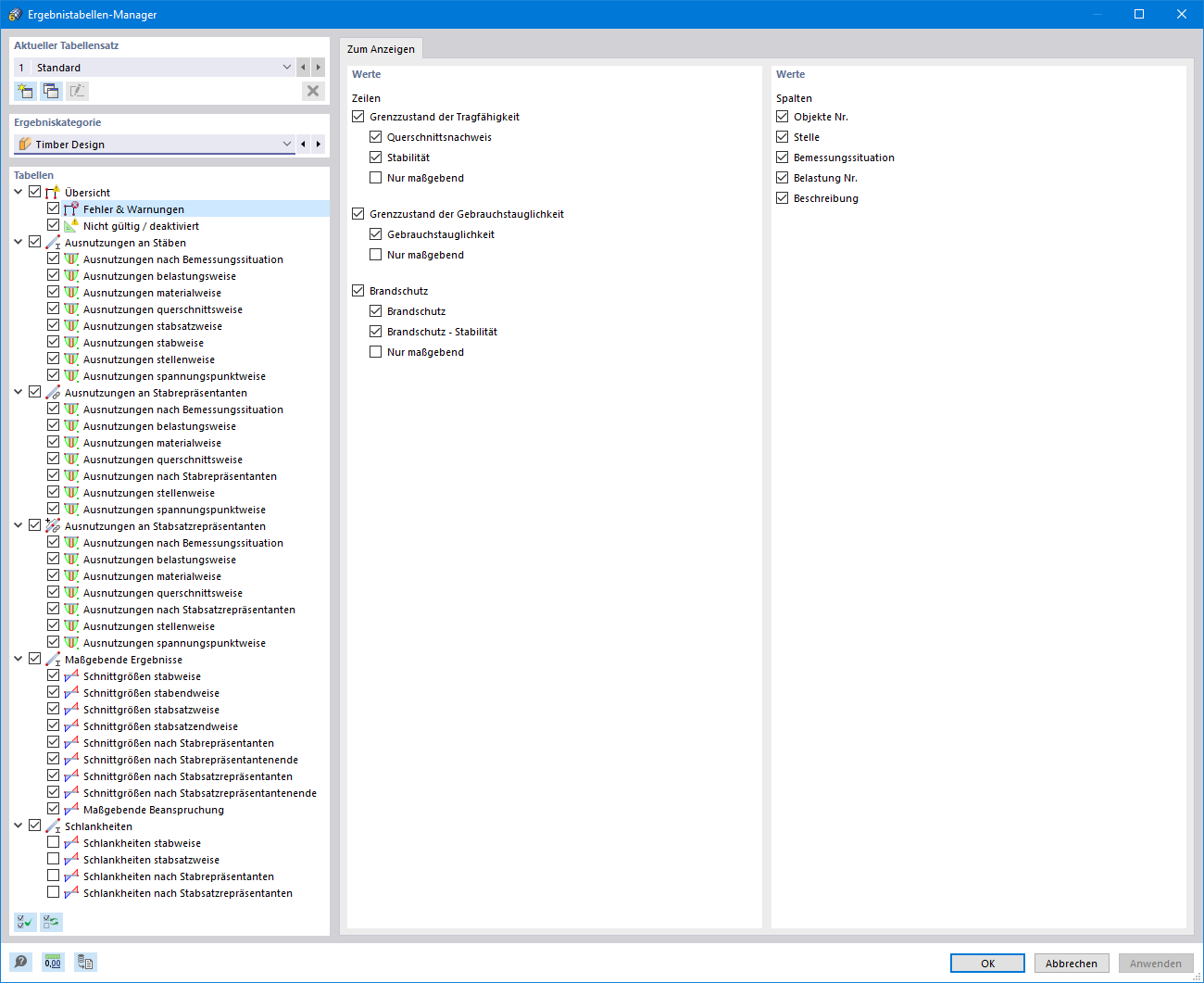 Ergebnistabellen-Manager für die Holzbemessung