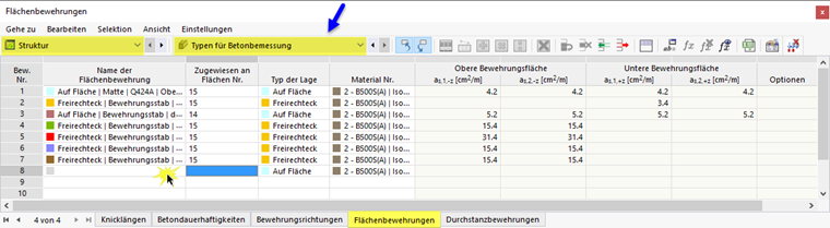 Flächenbewehrung über Tabelle definieren