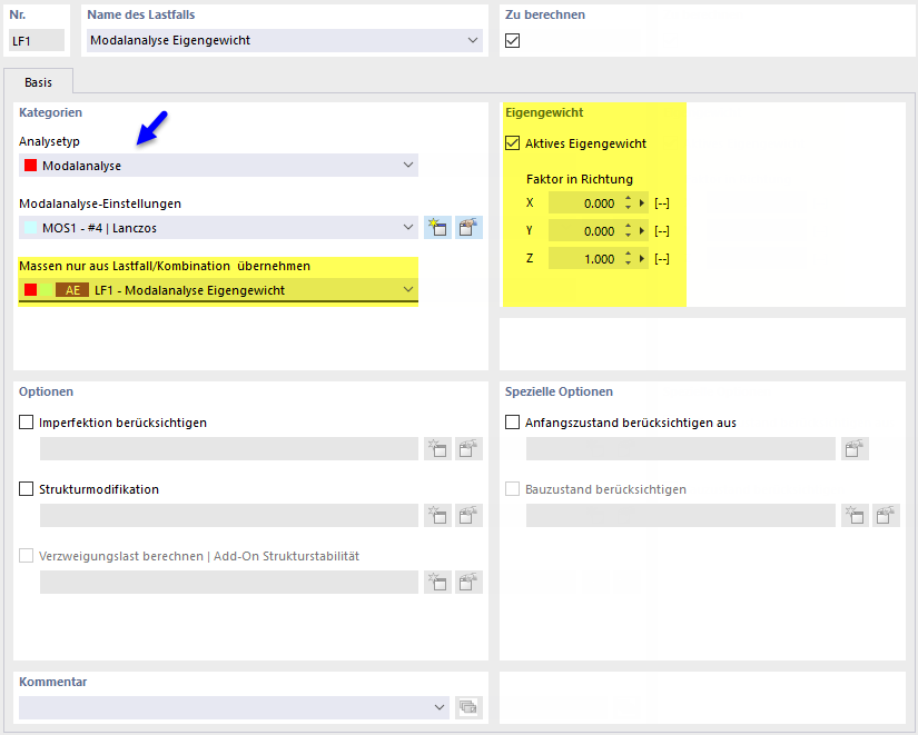 Lastfall des Typs 'Modalanalyse' für direkte Lastübernahme