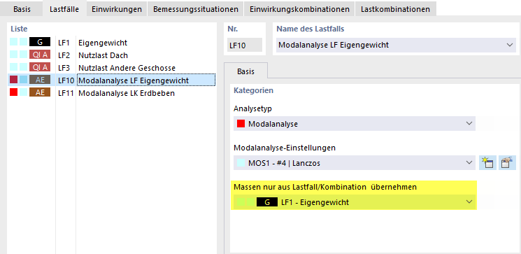 Massen aus Lastfall übernehmen