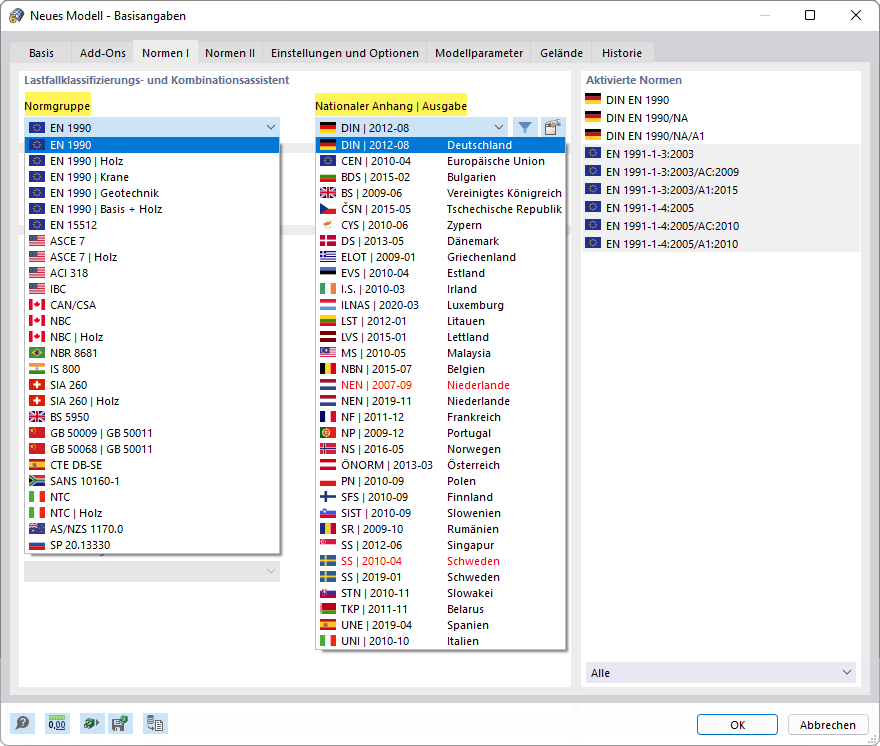 Norm für Kombination der Lastfälle festlegen