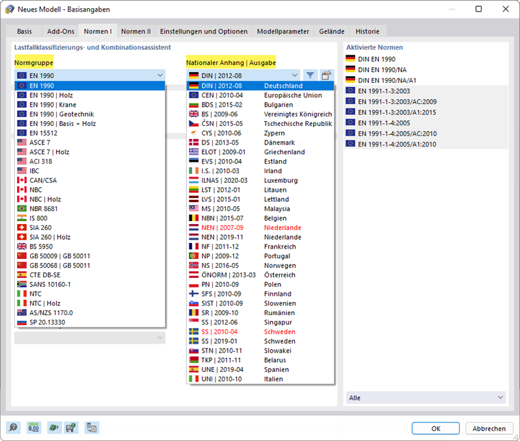 Norm für Kombination der Lastfälle festlegen