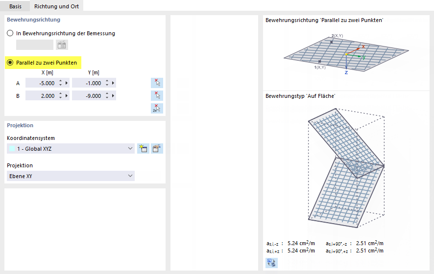 Flächenbewehrung parallel zu zwei Punkten definieren