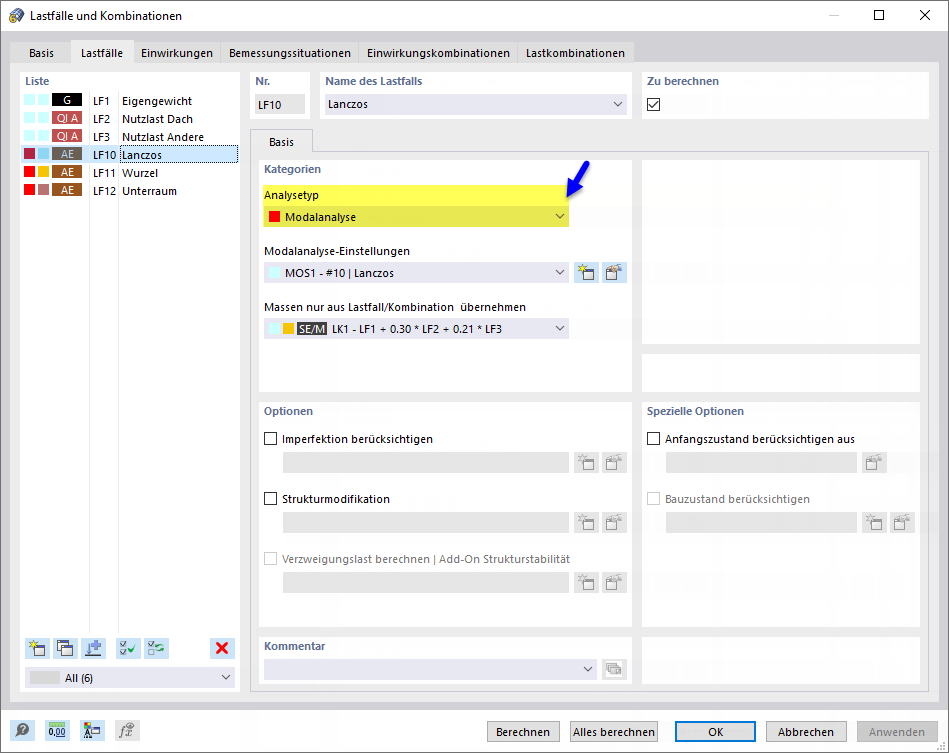 Analysetyp 'Modalanalyse' für Lastfall festlegen