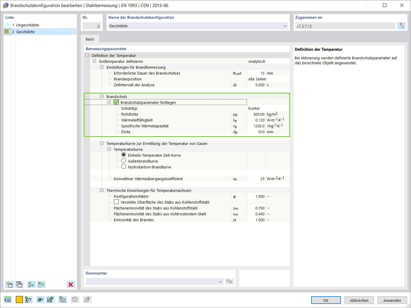 Brandschutzkonfiguration für geschützte Bauteile