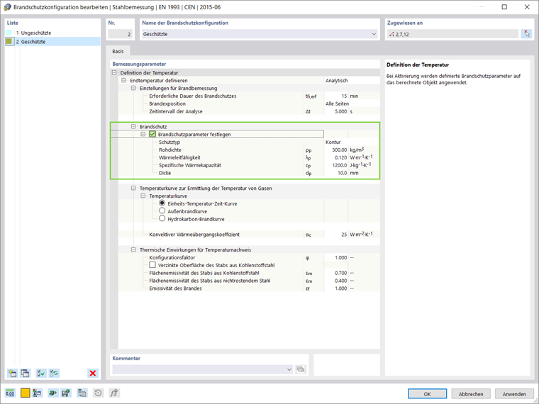 Brandschutzkonfiguration für geschützte Bauteile