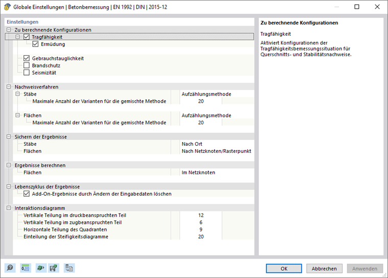 Dialog 'Globale Einstellungen' für Betonbemessung nach EN 1992