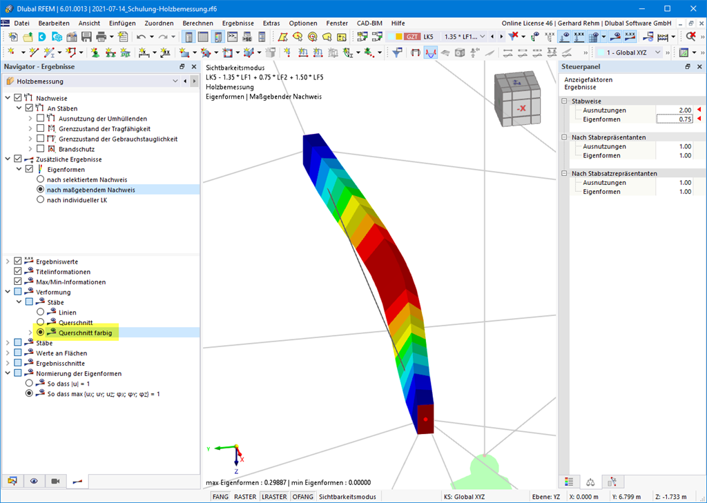 Darstellung der maßgebenden Eigenform zur Holzbemessung beim Biegedrillknicknachweis.