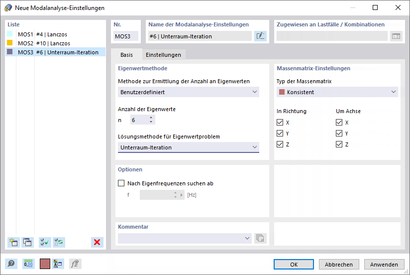Dialog 'Neue Modalanalyse-Einstellungen'
