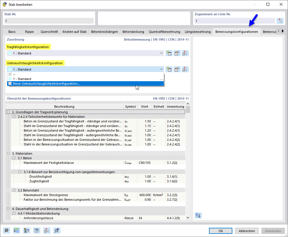 Bemessungskonfigurationen für Tragfähigkeit und Gebrauchstauglichkeit einem Stab zuordnen
