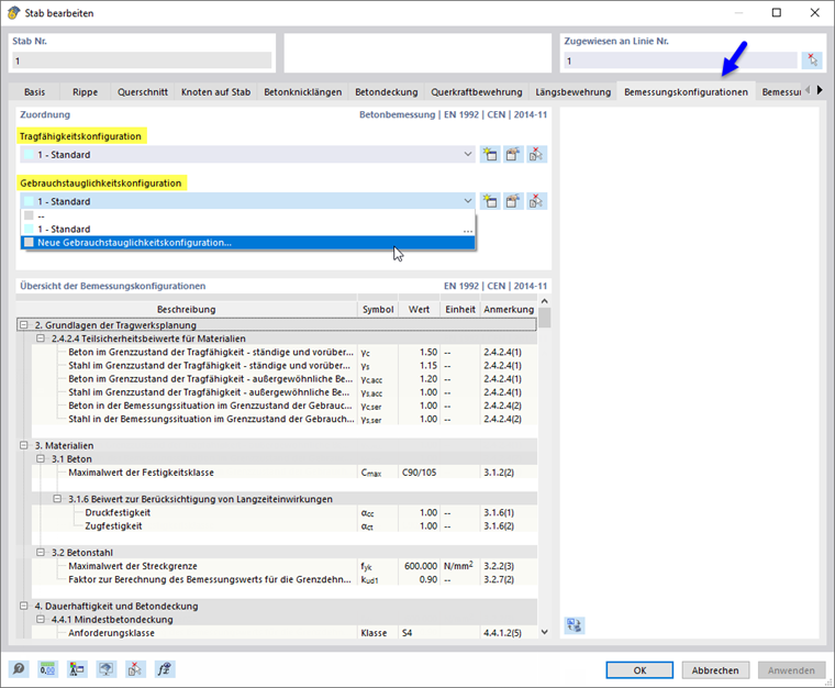Bemessungskonfigurationen für Tragfähigkeit und Gebrauchstauglichkeit einem Stab zuordnen