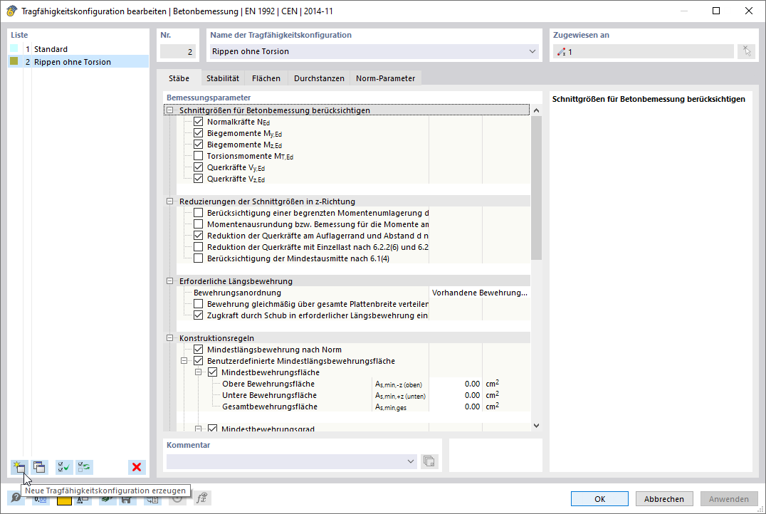 Tragfähigkeitskonfiguration bearbeiten