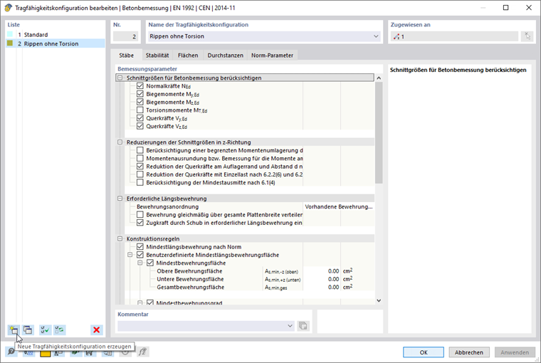Tragfähigkeitskonfiguration bearbeiten