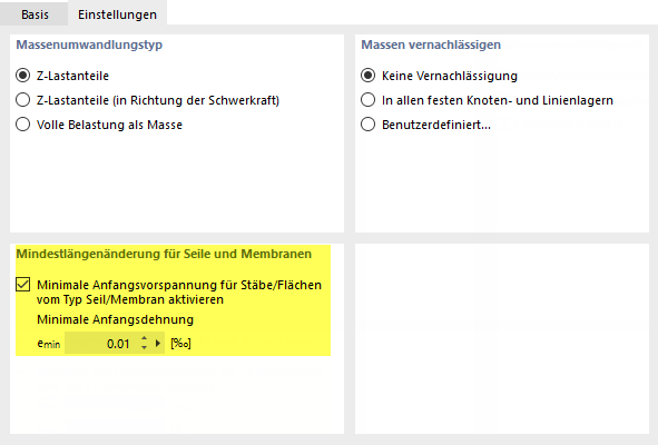 Mindestlängenänderung für Seile und Membranen vorgeben