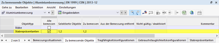 Eingabetabelle für zu bemessende Objekte in der Aluminiumbemessung