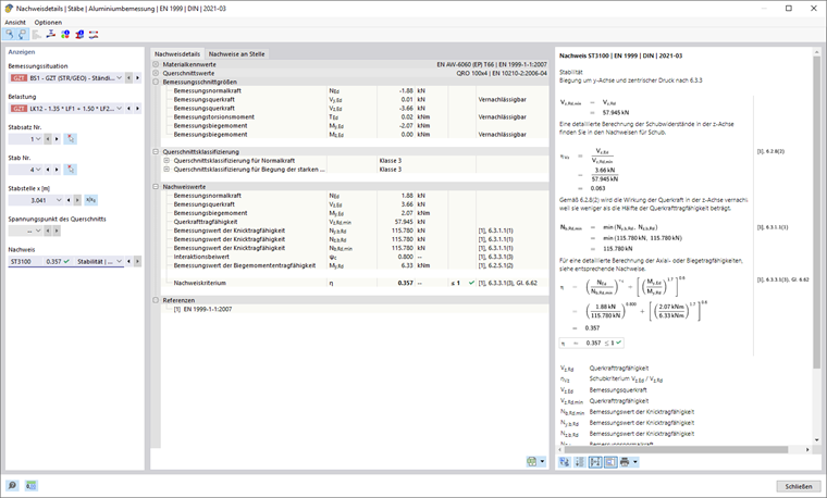 Nachweisdetails der Aluminiumbemessung