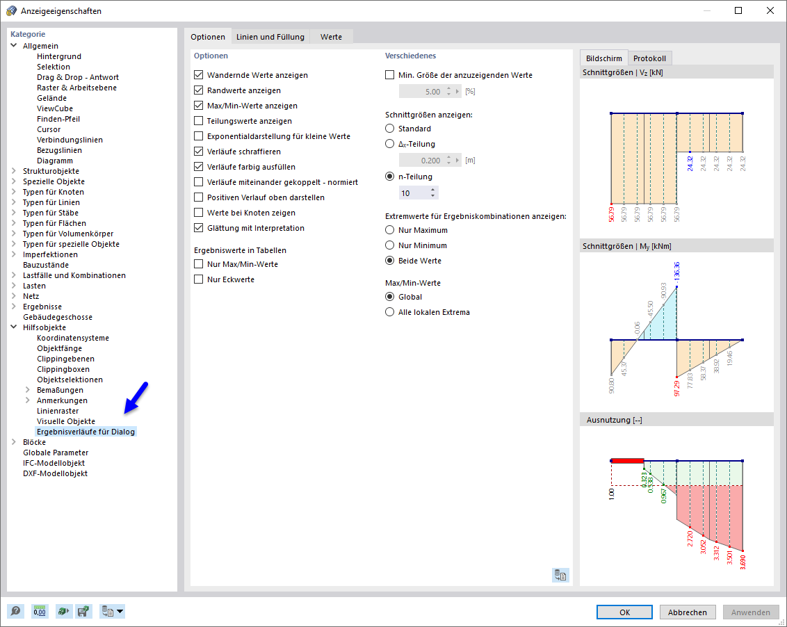 Anzeigeeigenschaften für Ergebnisverläufe anpassen